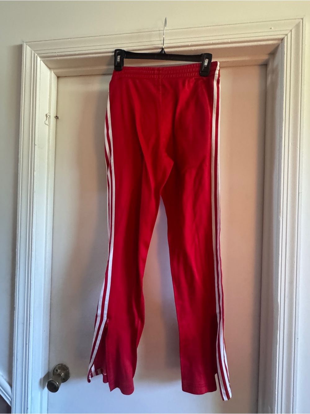 Adidas Red Track Pants with White Triple Stripes